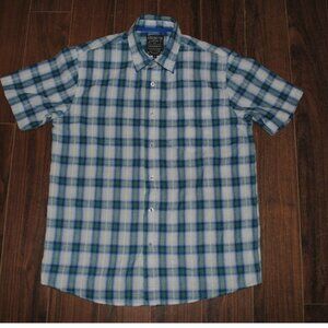 Kensington Dockside Button Up Short Sleeve Plaid Blue Medium Shirt Mens Chest 42